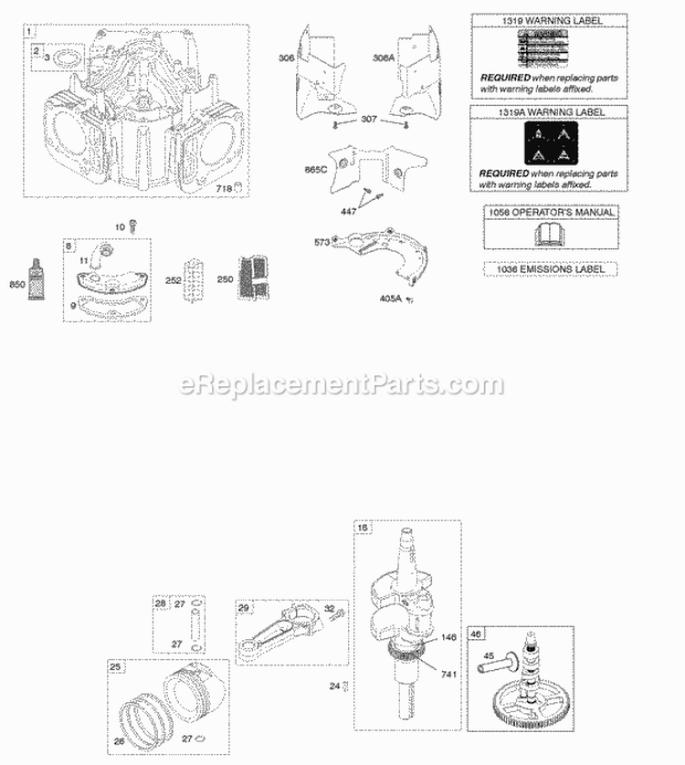 Camshaft Crankshaft Cylinder Piston Rings Connectiong Rod Diagram and Parts List for 49L977-0110-G1  Briggs and Stratton Engine